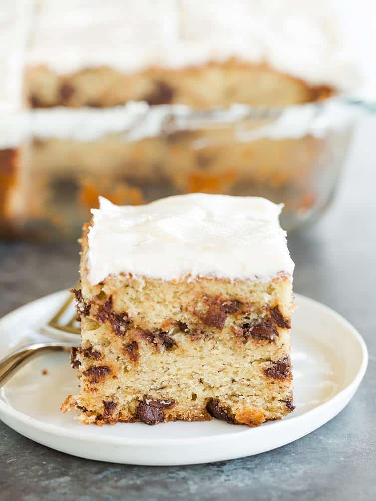 A nice big slice of Banana-Chocolate Chip Snack Cake with Cream Cheese Frosting