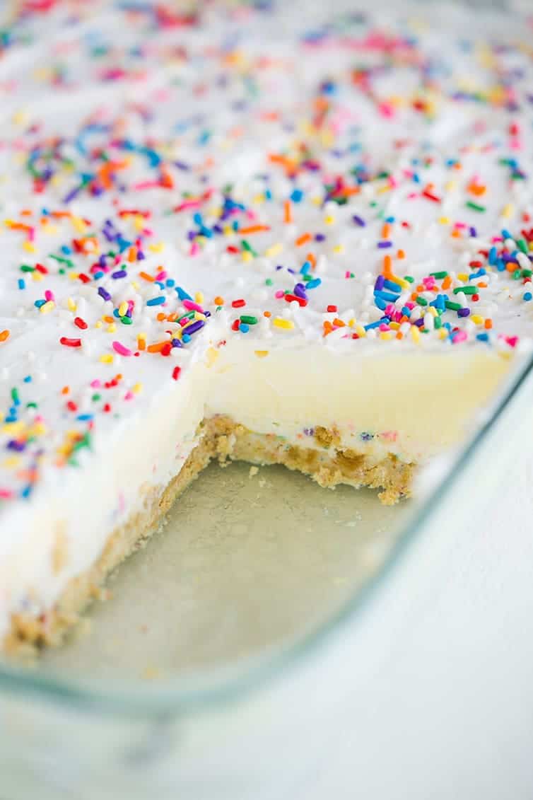 A big pan of funfetti lush dessert.