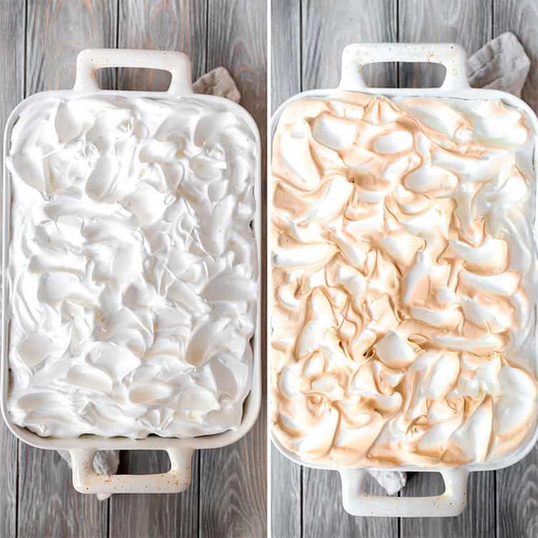 Side by side photos of a pan topped with meringue, before and after baking.