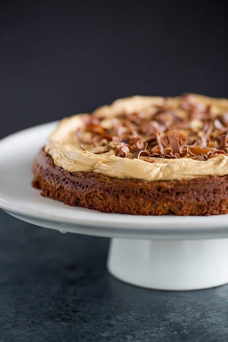 Brownie Cake with Cookie Butter Frosting on a serving platter.