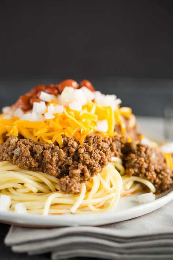 A plate of Cincinnati chili five way.