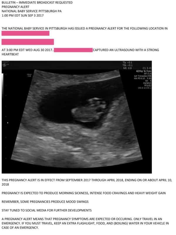 Pregnancy announcement that reads like a weather alert.