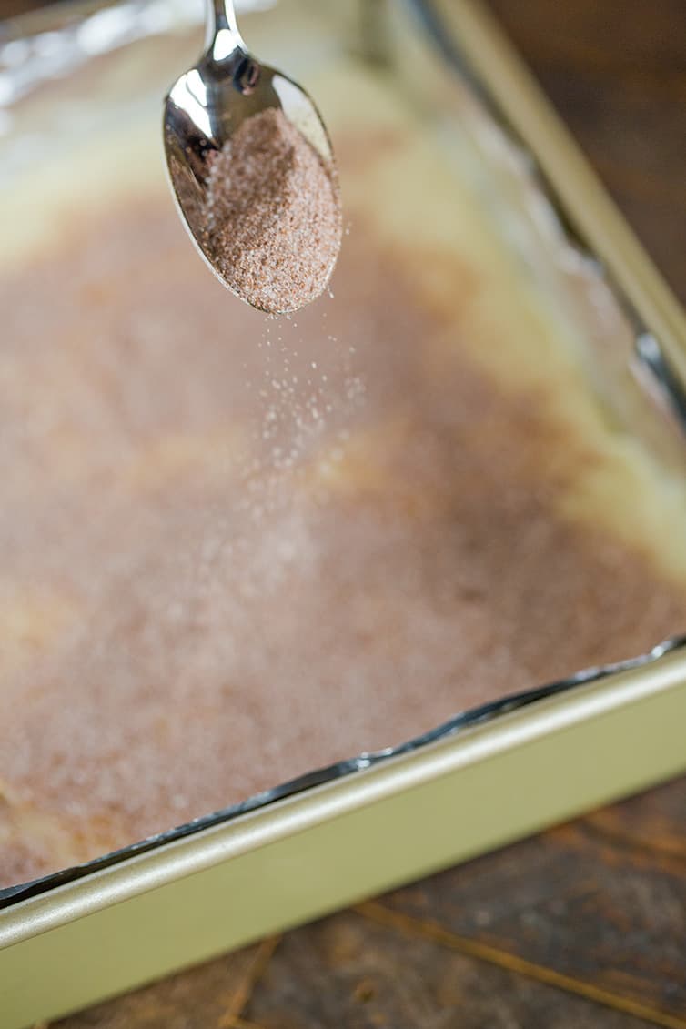 An overhead view of cinnamon sugar being sprinkled on snickerdoodle fudge.