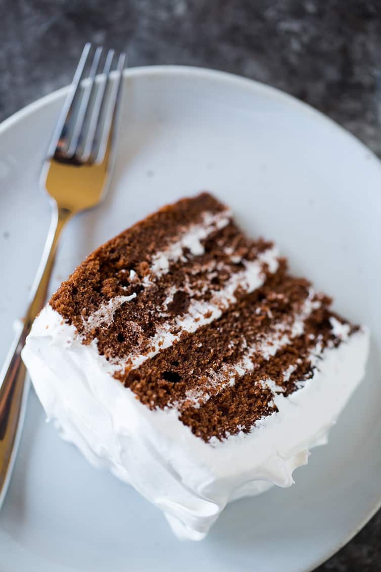 An overhead shot of a slice of devil's food cake.