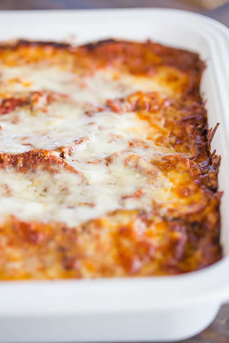 A pan of eggplant parmesan just removed from the oven.