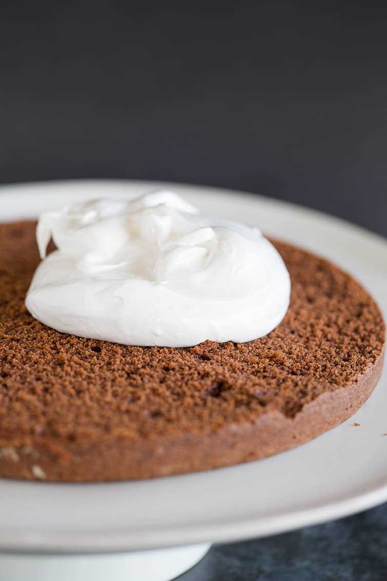 A layer of devil's food cake with 7 minute frosting on top.