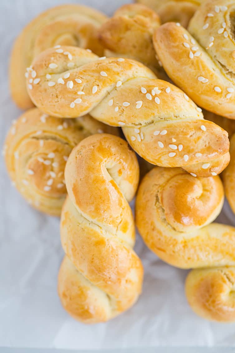 A pile of braided Greek Easter cookies (Koulourakia)
