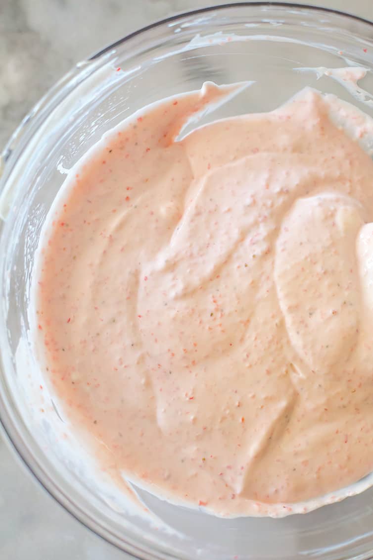 The strawberry-sour cream topping for strawberry cheesecake bars.