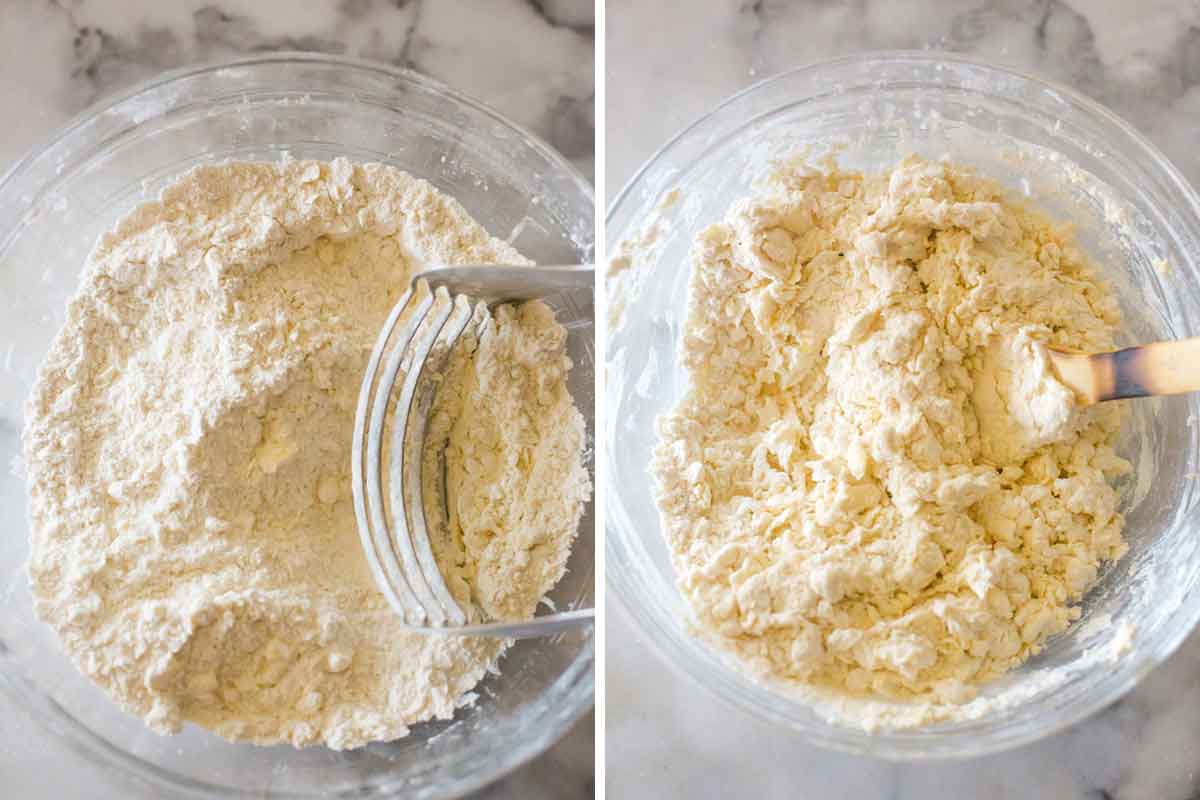 Side by side photos of mixing the dough together for homemade biscuits.