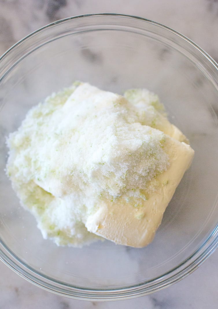 Cream cheese with lime zest-infused sugar.
