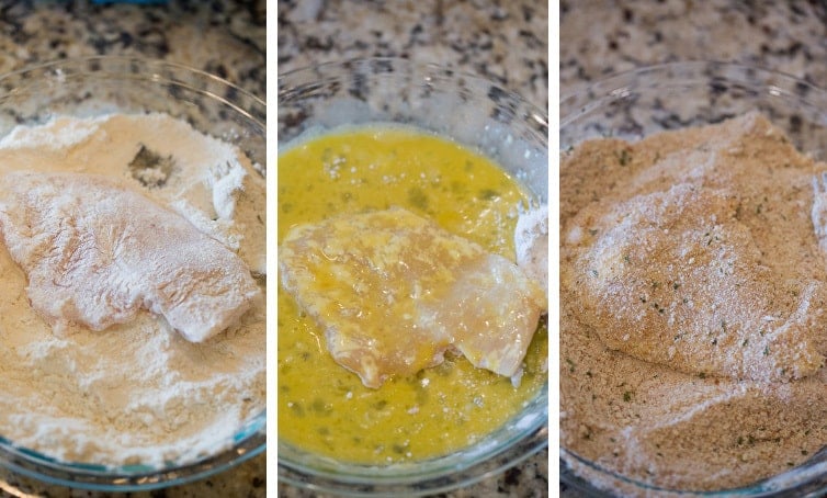 A photo collage showing the breading process: flour, egg and bread crumbs.