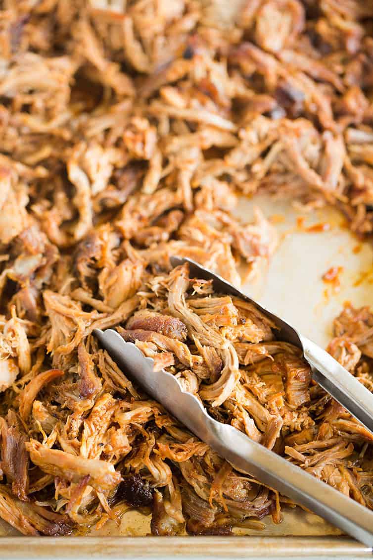 A pan of shredded pulled pork.
