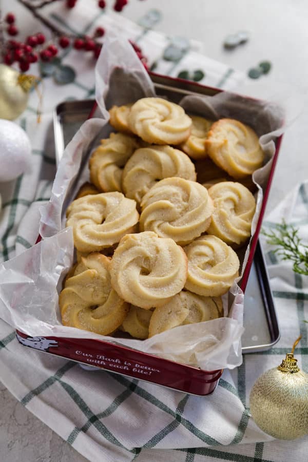 A red tin filled with Danish butter cookies.