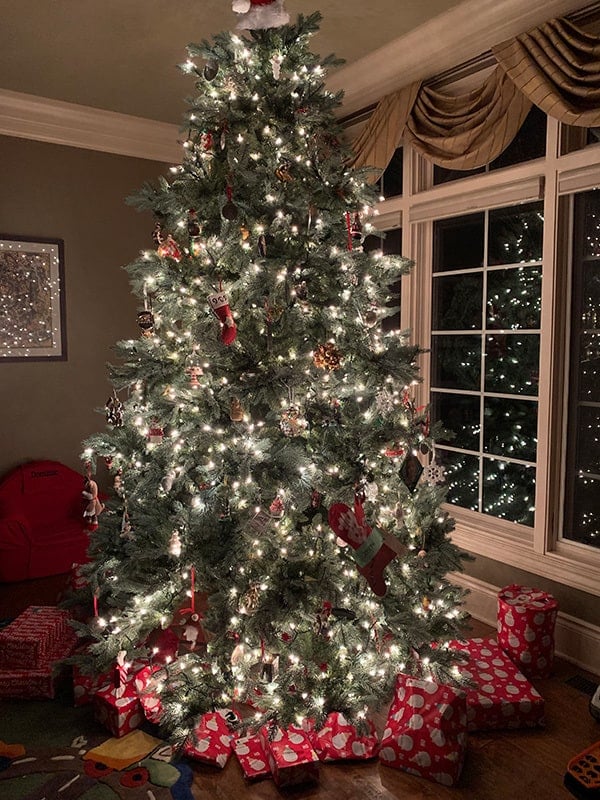 Christmas tree lit up at night with presents underneath.