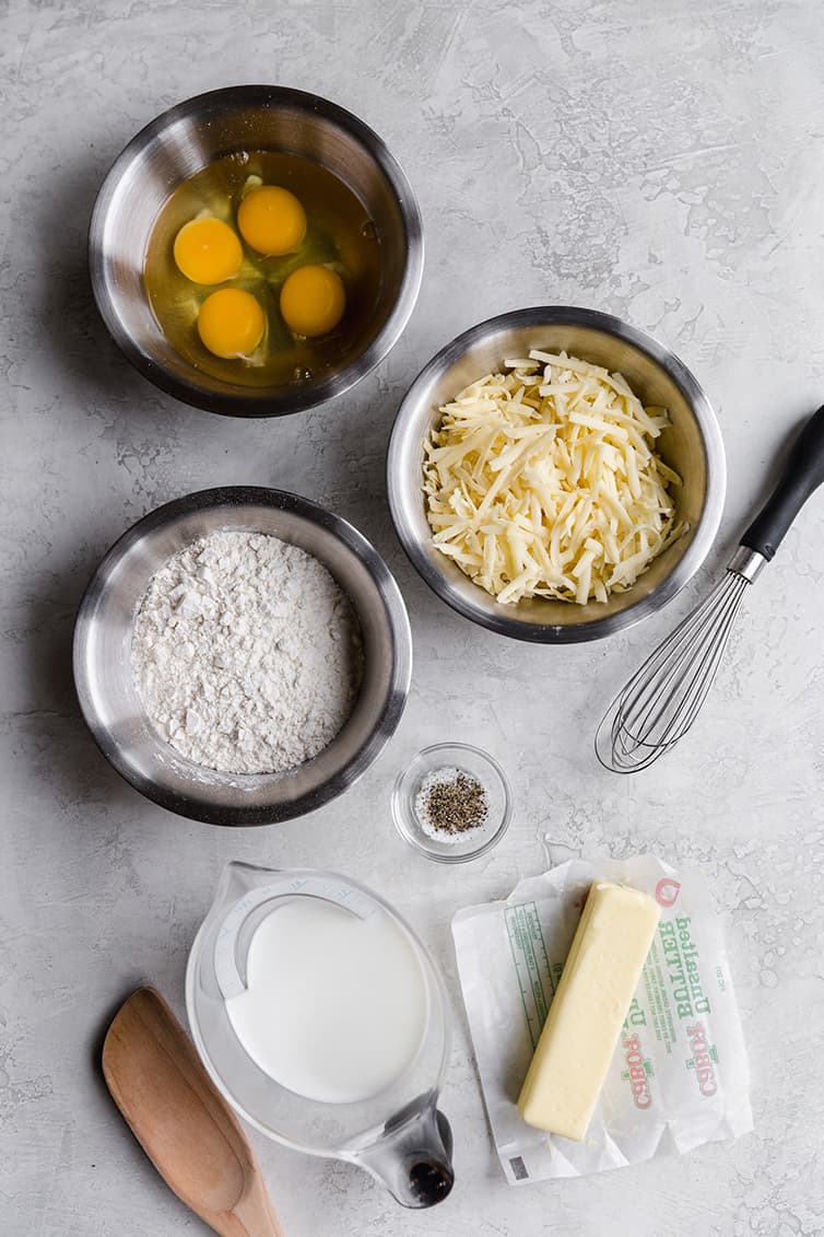 All of the ingredients for gougeres laid out.