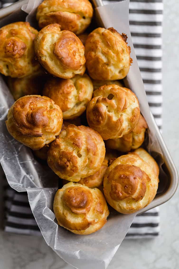 A basket of gougeres pastries.