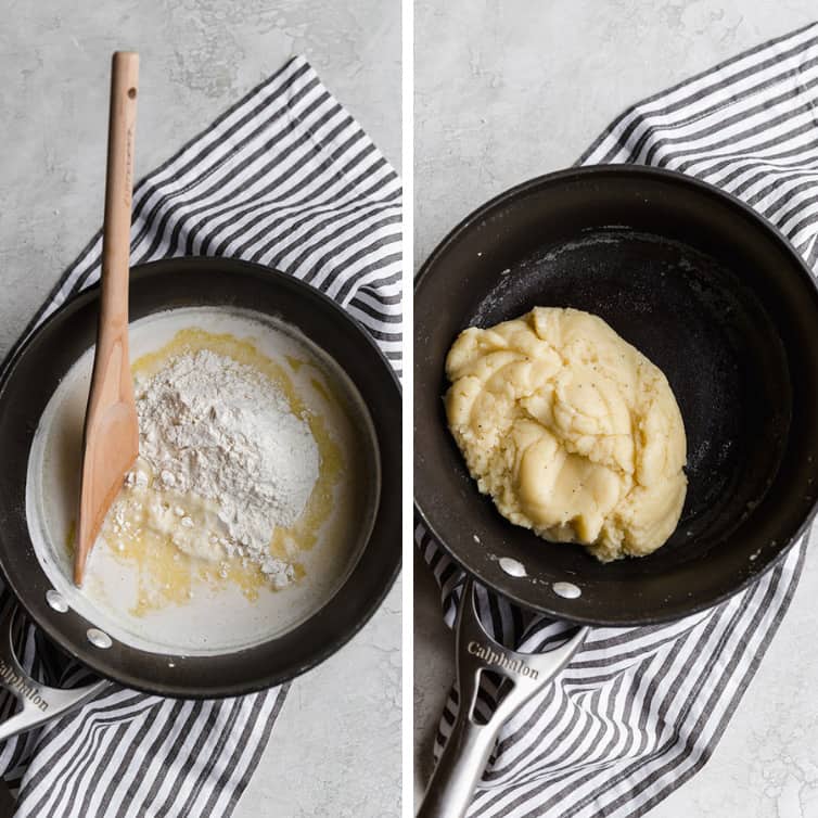 Side-by-side photos of making pate a choux dough in a pot.