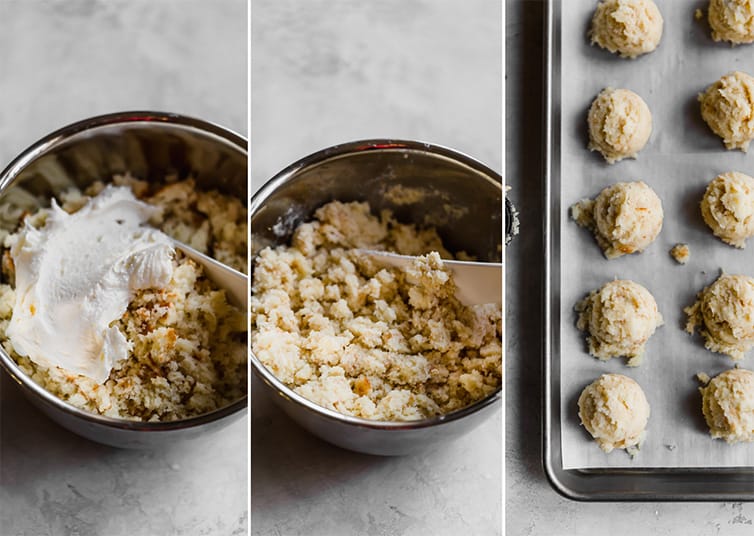 A photo collage of mixing together yellow cake and vanilla frosting, and showing it scooped into balls.