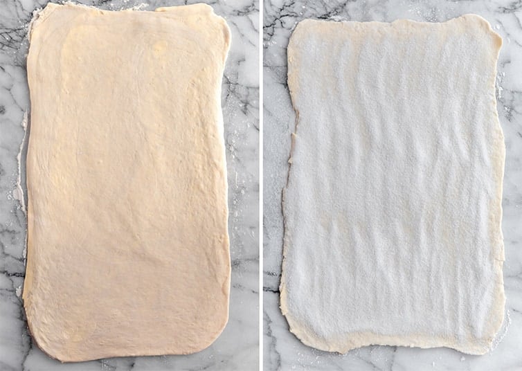Kouign-amann dough rolled out with sugar sprinkled on top.