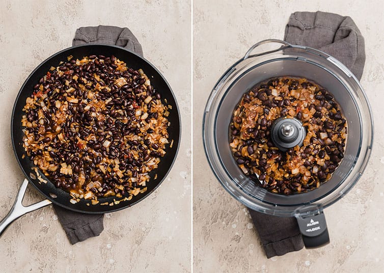 Side by side photos of ingredients being sauteed and in the food processor.