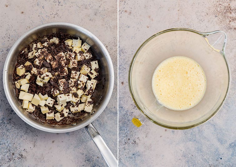Butter and chocolate in a saucepan and a bowl of whipped eggs.