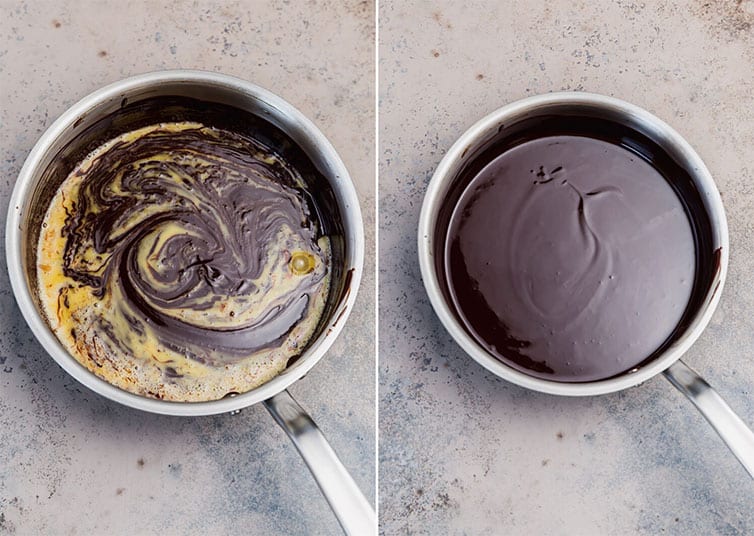 Eggs being mixed into a chocolate mixture in a saucepan.