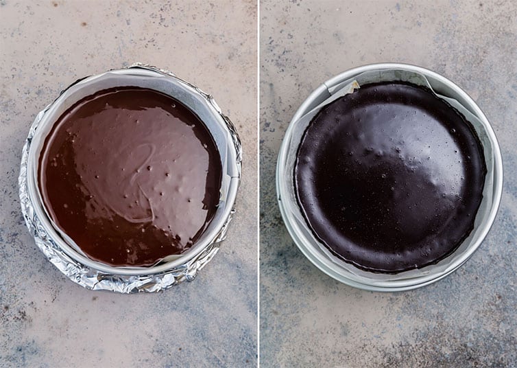 Flourless chocolate cake batter in a prepared springform pan before and after baking.