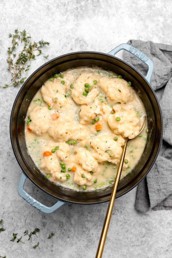 An overhead photo of a pot of chicken and dumplings.