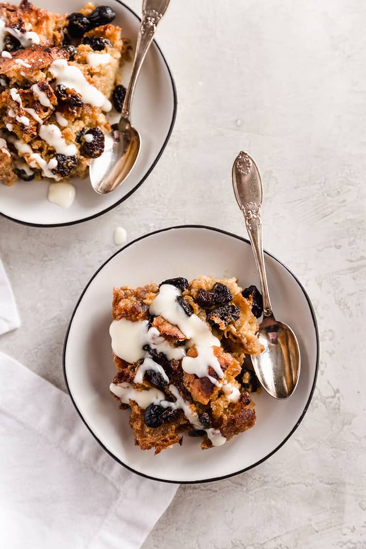 An overhead shot of a plate of bread pudding.