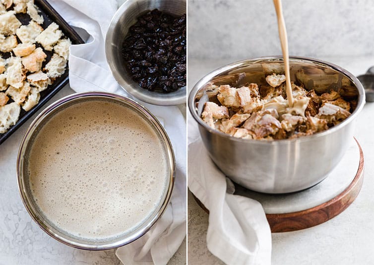 Bread cubes, custard, and raisins for bread pudding on the left and a bowl with the toasted bread soaking in custard on the right.