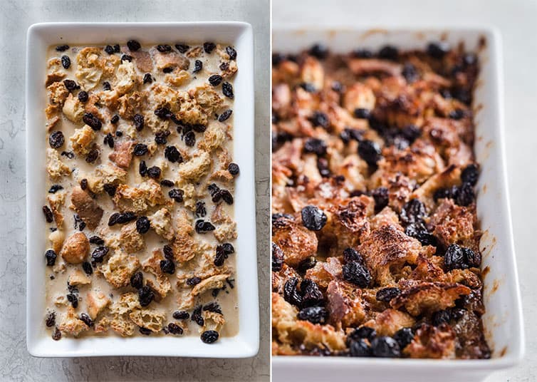 Side by side photos of bread pudding in the pan before and after baking.
