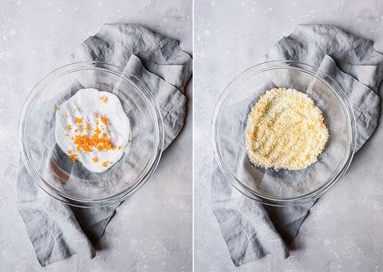 Rubbing orange zest into sugar.