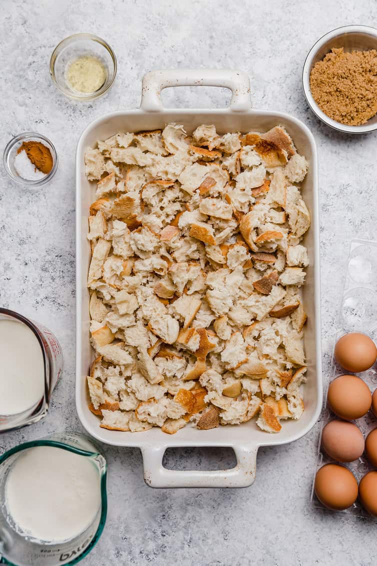 Ingredients for baked French toast prepped on counter.