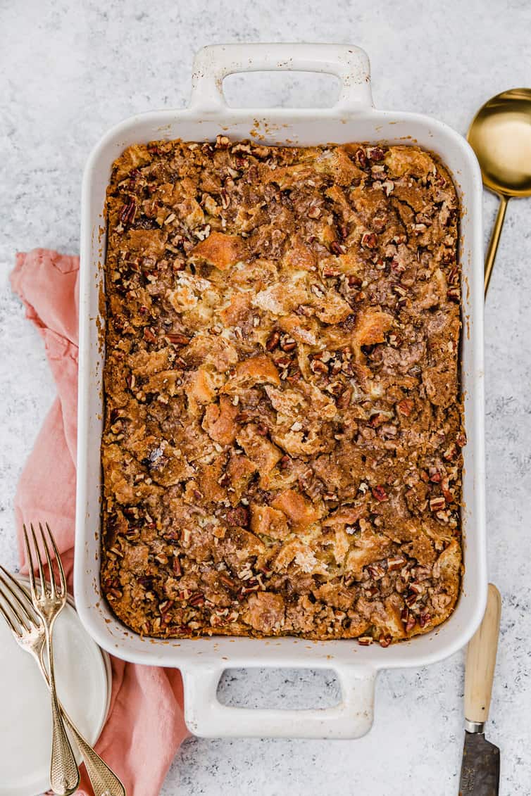 A casserole of baked French toast on the counter.