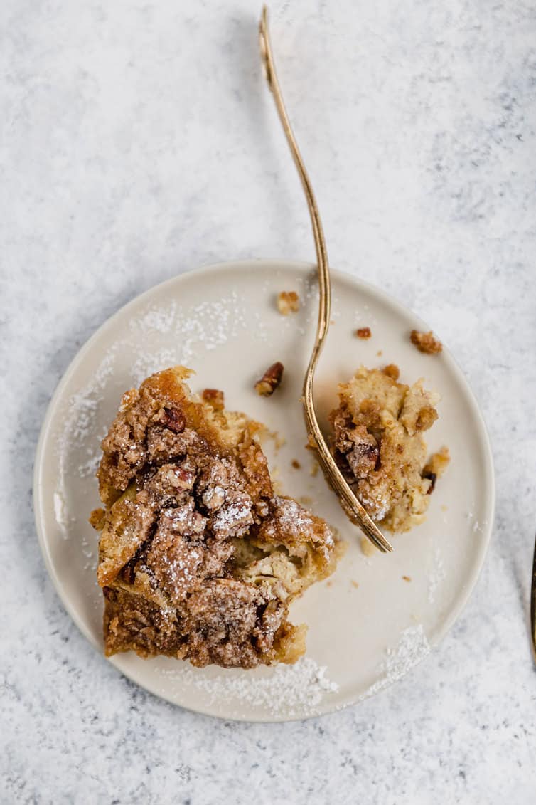 An overhead photo of French toast casserole on a plate.