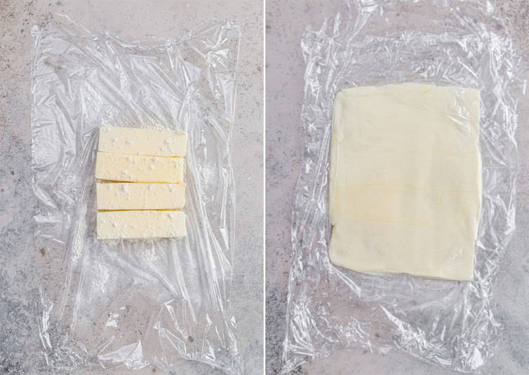 Side by side photos of a butter block being rolled out.