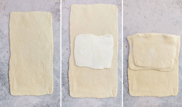 Step-by-step photos of a butter block being folded into dough.