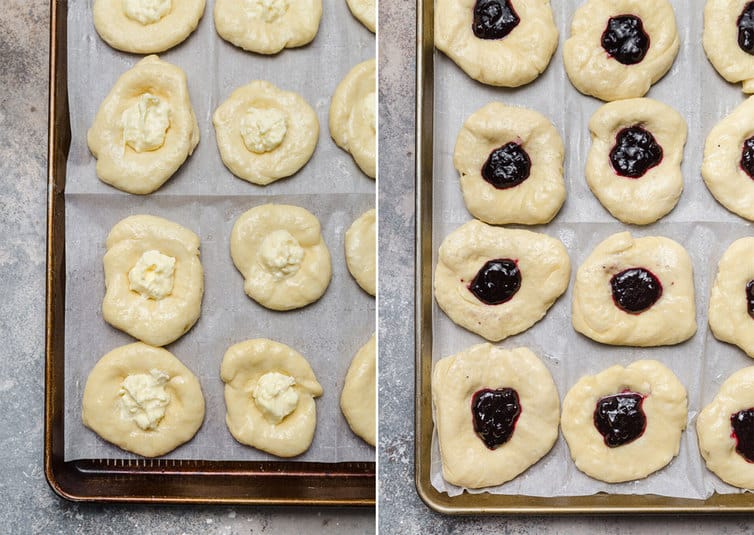 Side by side photos of Danish pastries filled with cheese and fruit before baking.
