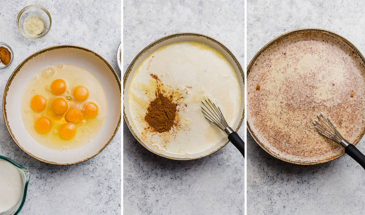 Step by step photos of whisking together custard.