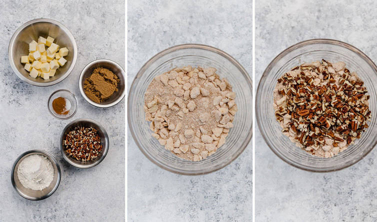 Step by step photos of mixing together a praline topping.