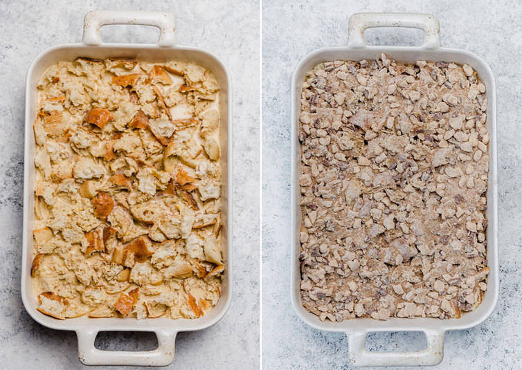 Assembled baked French toast with and without praline topping.