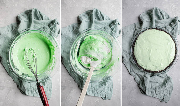 Folding whipped cream into grasshopper pie filling.
