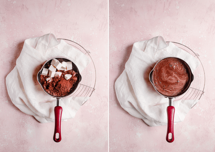 Side by side photos of melting cocoa powder and butter.
