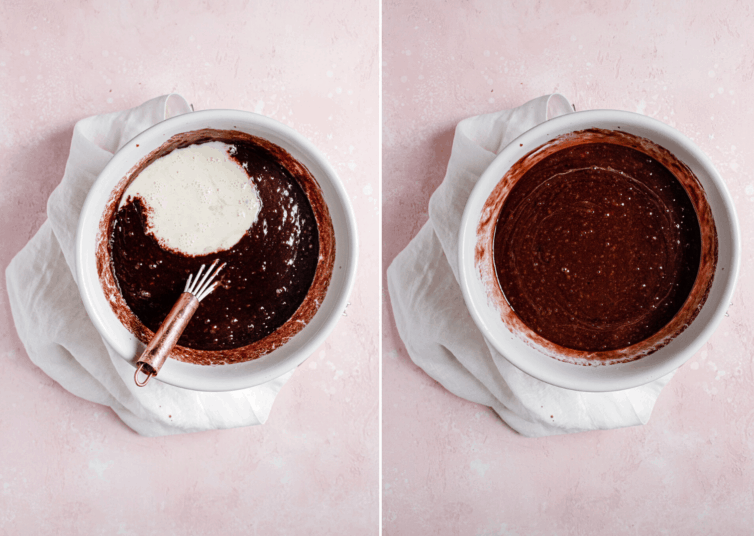 Side by side photos of mixing together batter for cola cake.
