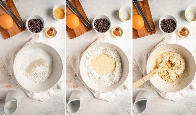 Step by step photos of mixing dough for hot cross buns