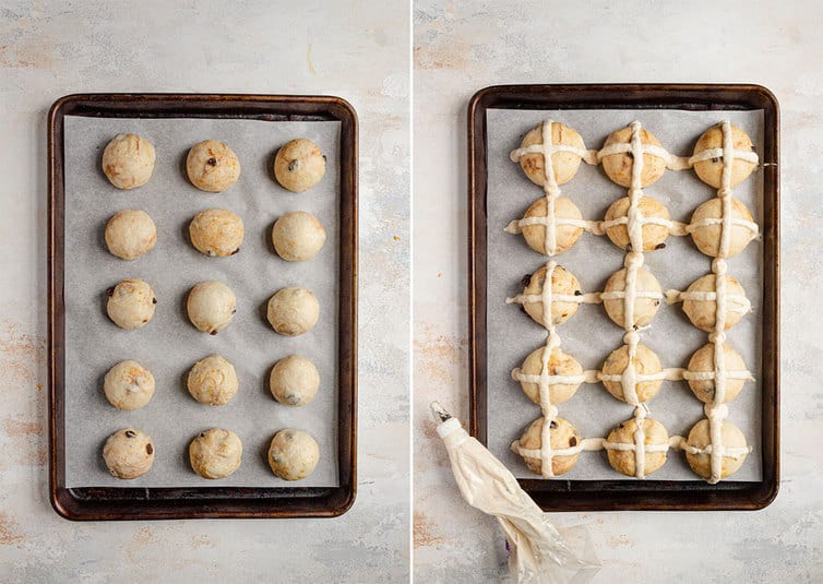 Hot cross buns being piped with crosses.