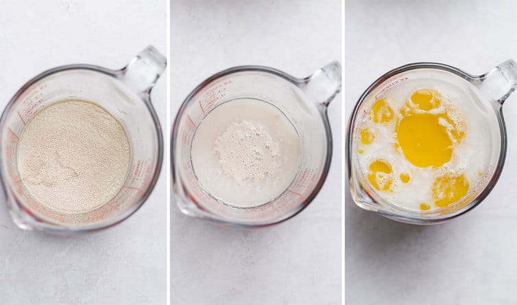 Side by side photos of yeast proofed in water in a measuring cup.