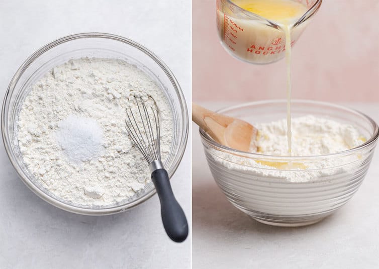 Mixing together pizza dough in a mixing bowl.