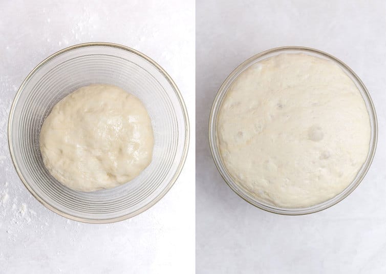 Side by side photos of dough rising in a glass bowl.