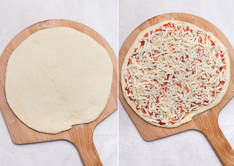 Side by side photos of pizza dough on a pizza peel.